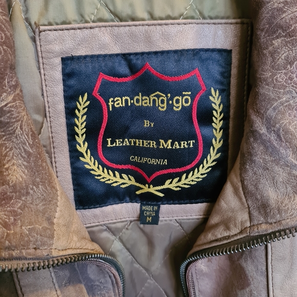 80s VINTAGE LEATHER JACKET Size 8-14 shoulder pads tan floral - Picture 12 of 14